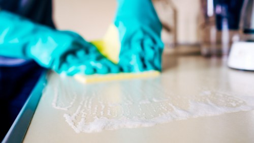 Supervisor checking deep cleaning safety procedures in a work area