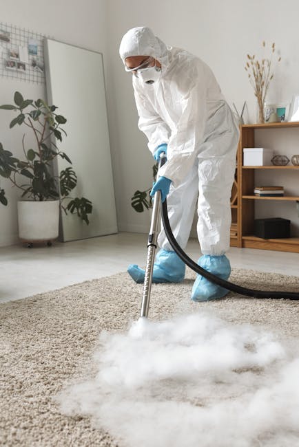 Two professional cleaners from Deep Cleaning are performing surface cleaning and sanitisation in a modern living room. One cleaner is vacuuming the wooden floor with a canister vacuum cleaner, while t